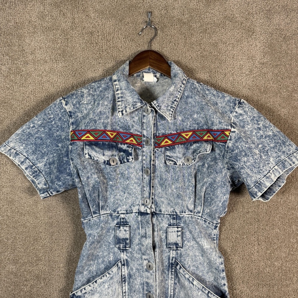 Vtg Oops‎ California Denim Shirt Dress Womens 7/9 Acid Wash Tribal Trim Grunge - Picture 2 of 13